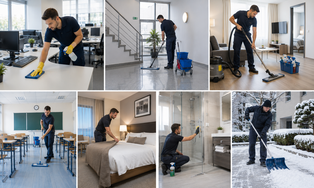 Eindrücke aus der Arbeit von Beroschky Reinigung – Büroreinigung, Treppenhaus, Ferienwohnung, Klassenraum, Hotelzimmer, Glasreinigung und Winterdienst